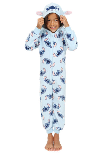 Girls Disney Stitch 3D Hooded Blue Fleece Sleepsuit