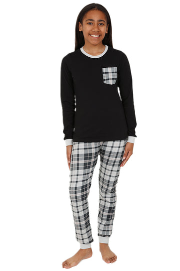 Girls Check Pyjamas Black And Grey Long PJs