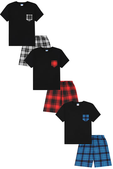 Boys 3 Pack Short Blue Black Red Check Pocket Pyjamas PJs For Kids