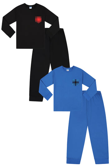 Boys Long Checked Pocket Black Red Blue 2 Pack Long Pyjamas PJs For Kids
