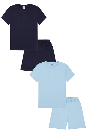 Boys Light Blue Navy  2 Pack Short Pyjamas PJs For Kids