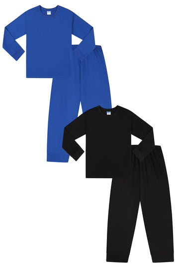 Boys Long Black Royal Blue Plain 2 Pack Long Pyjamas PJs For Kids