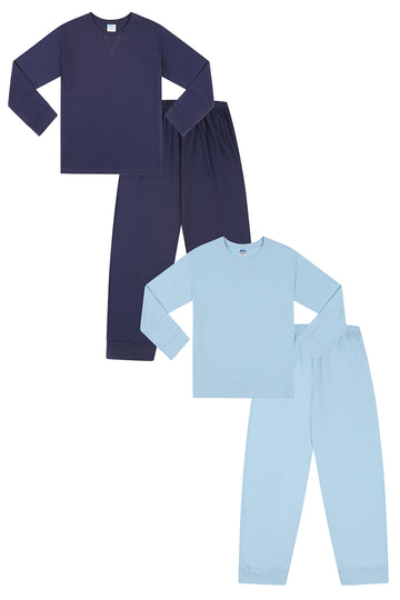Boys Light Blue Navy  2 Pack Long Pyjamas PJs For Kids