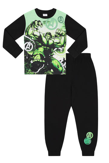 Boys Official Marvel Hulk Pyjamas Green and Black Long PJs