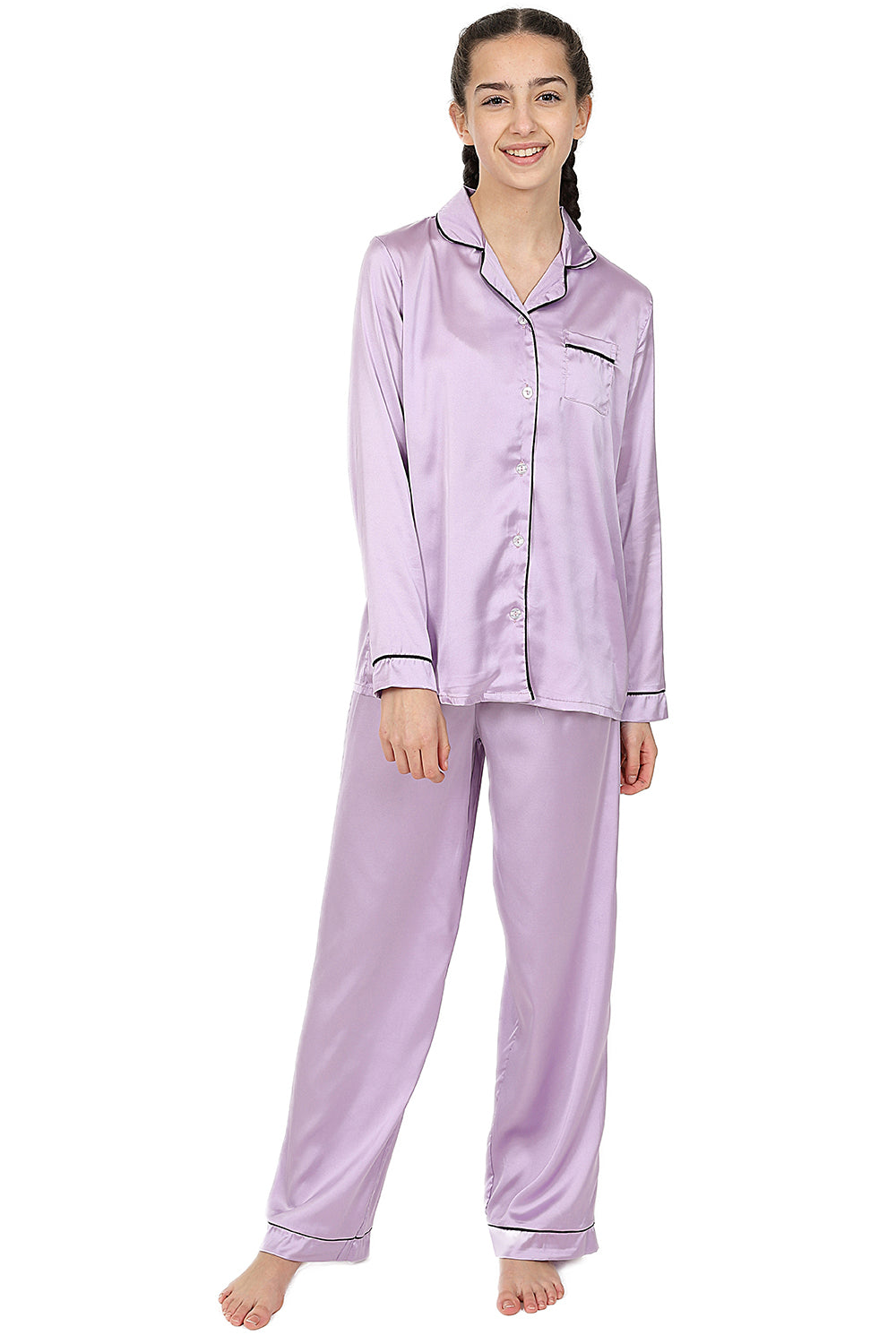 Girl's Lilac Satin Long Two Piece Pyjama Set