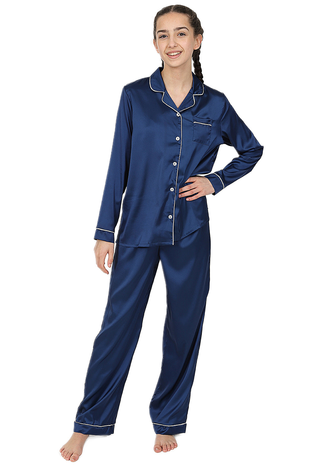 Girl's Navy Blue Satin Long Two Piece Pyjama Set