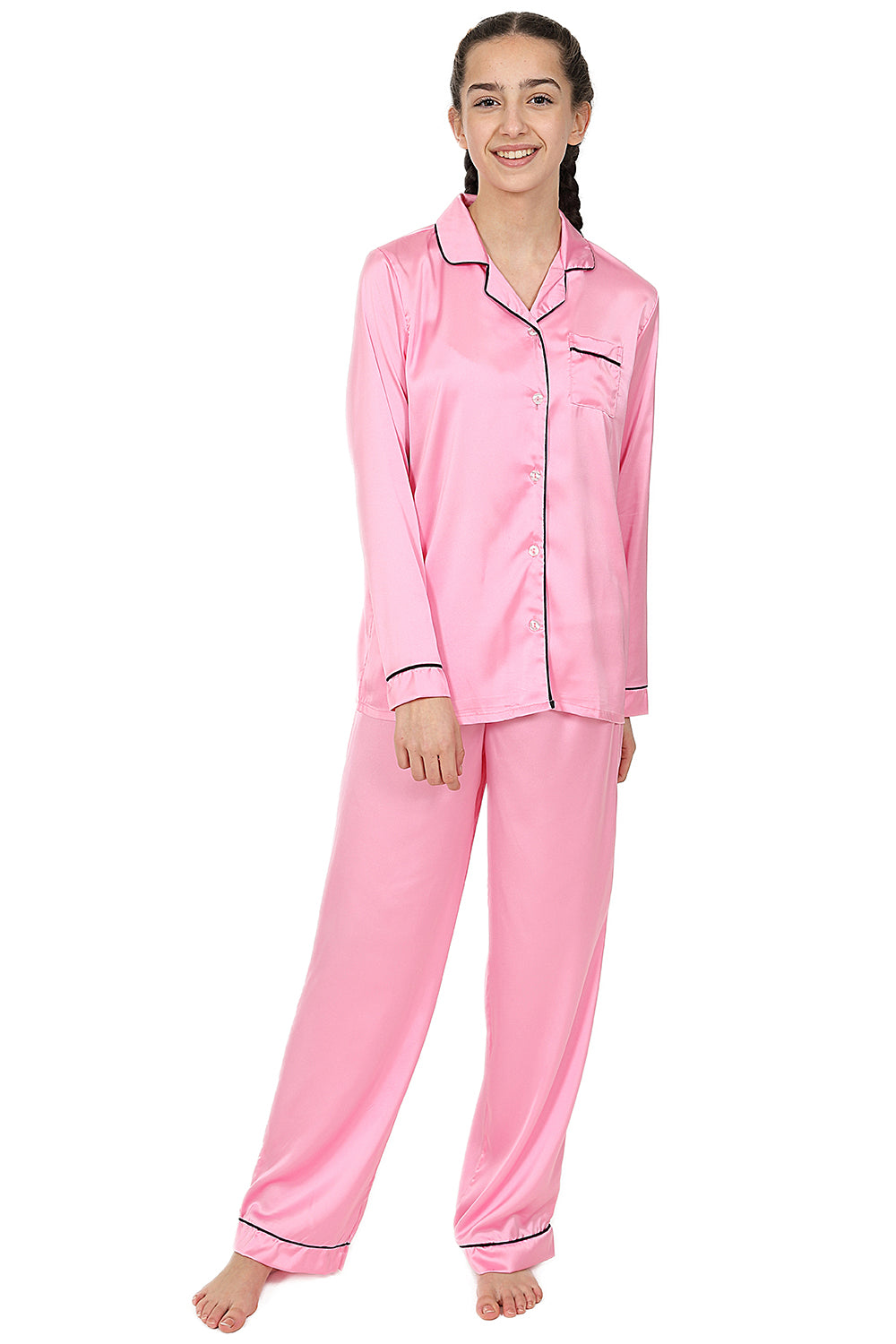 Girl's Pink Satin Long Two Piece Pyjama Set