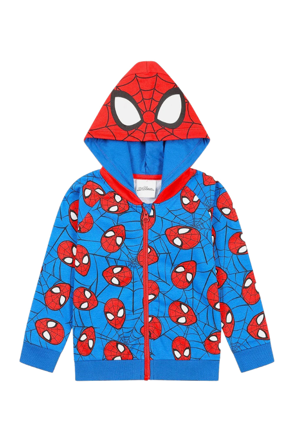 Spider-Man hoodie with red and blue design on a white background