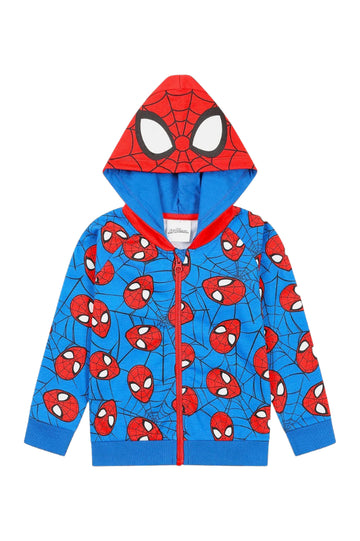 Spider-Man hoodie with red and blue design on a white background