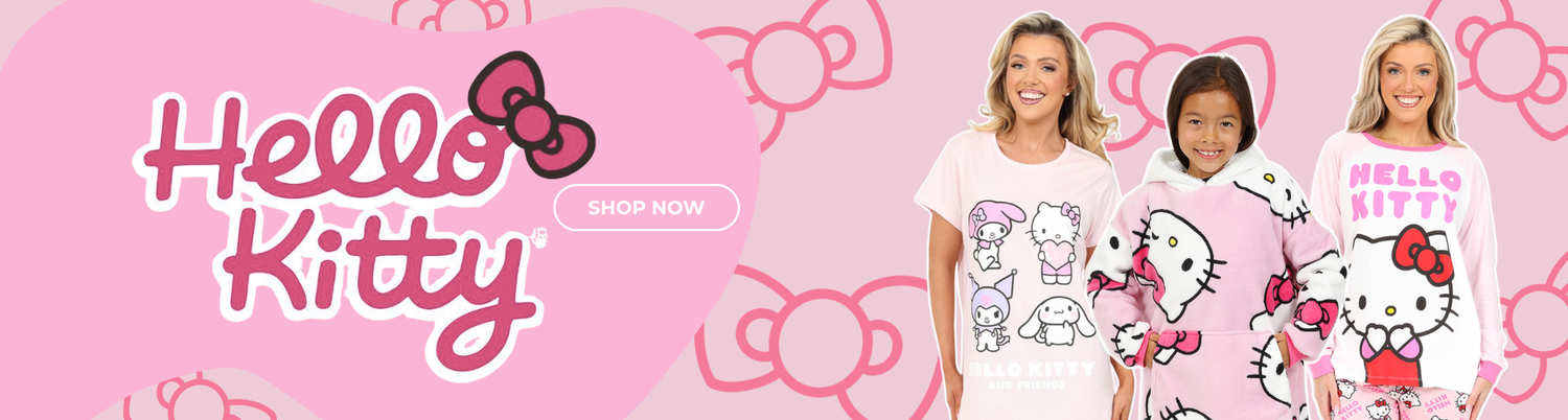 Three people wearing Hello Kitty-themed t-shirts against a pink background with 'Hello Kitty' branding.