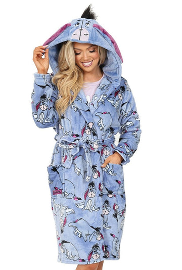 Women's Eeyore Blue Fleece Dressing Gown Fleece Hooded Ladies Robe