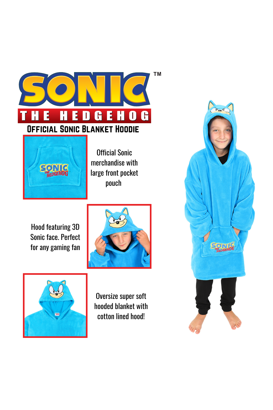 boys' sonic the hedgehog snowboard blanket sleeper union suit Boys Sonic The Hedgehog Fleece Oversized Blanket Blue Hoodie