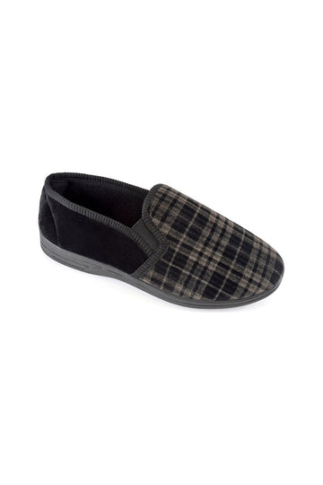 Men's Slip On Black And Grey Check Slippers With Elasticated Gussets