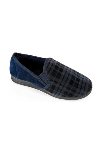 Men's Slip On Black And Navy Check Slippers With Elasticated Gussets