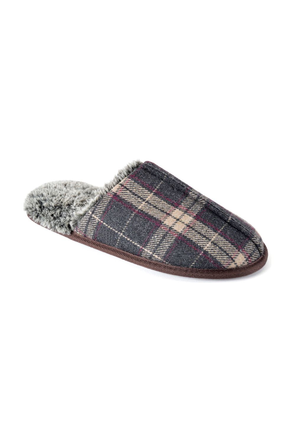 Mens Slip On Dark Grey And Red Check Slippers