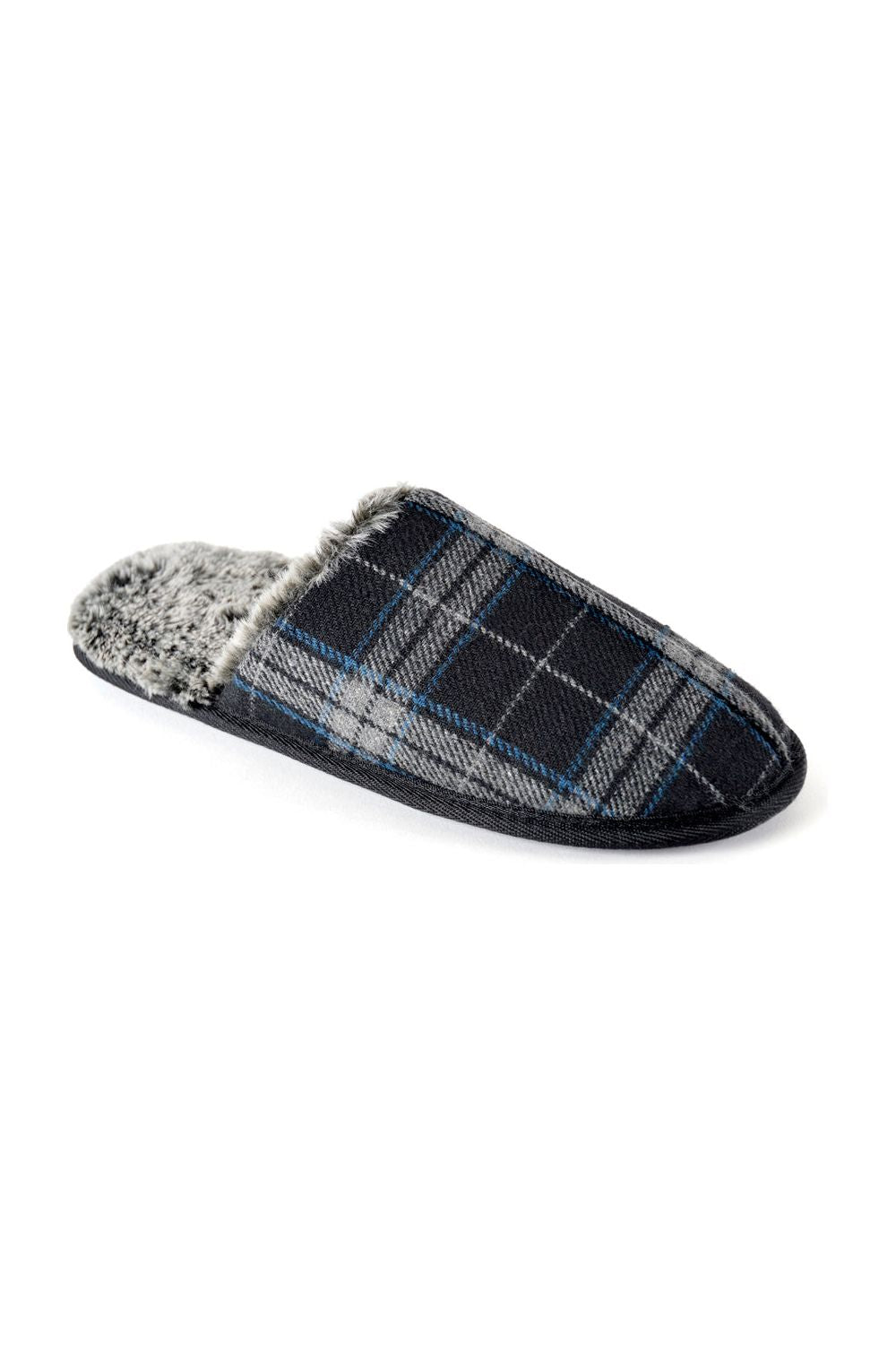 Mens Slip On Dark Grey And Blue Check Slippers