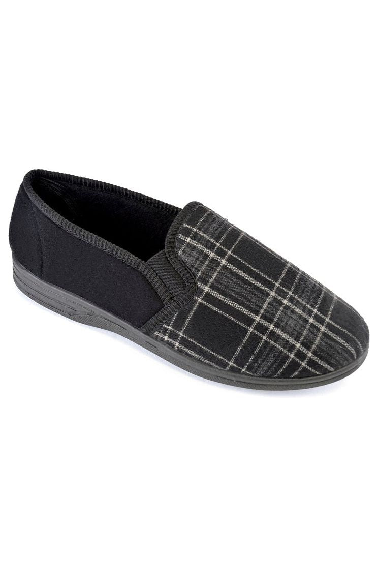 Men's Navy Slip On Check Slippers With Elasticated Gussets