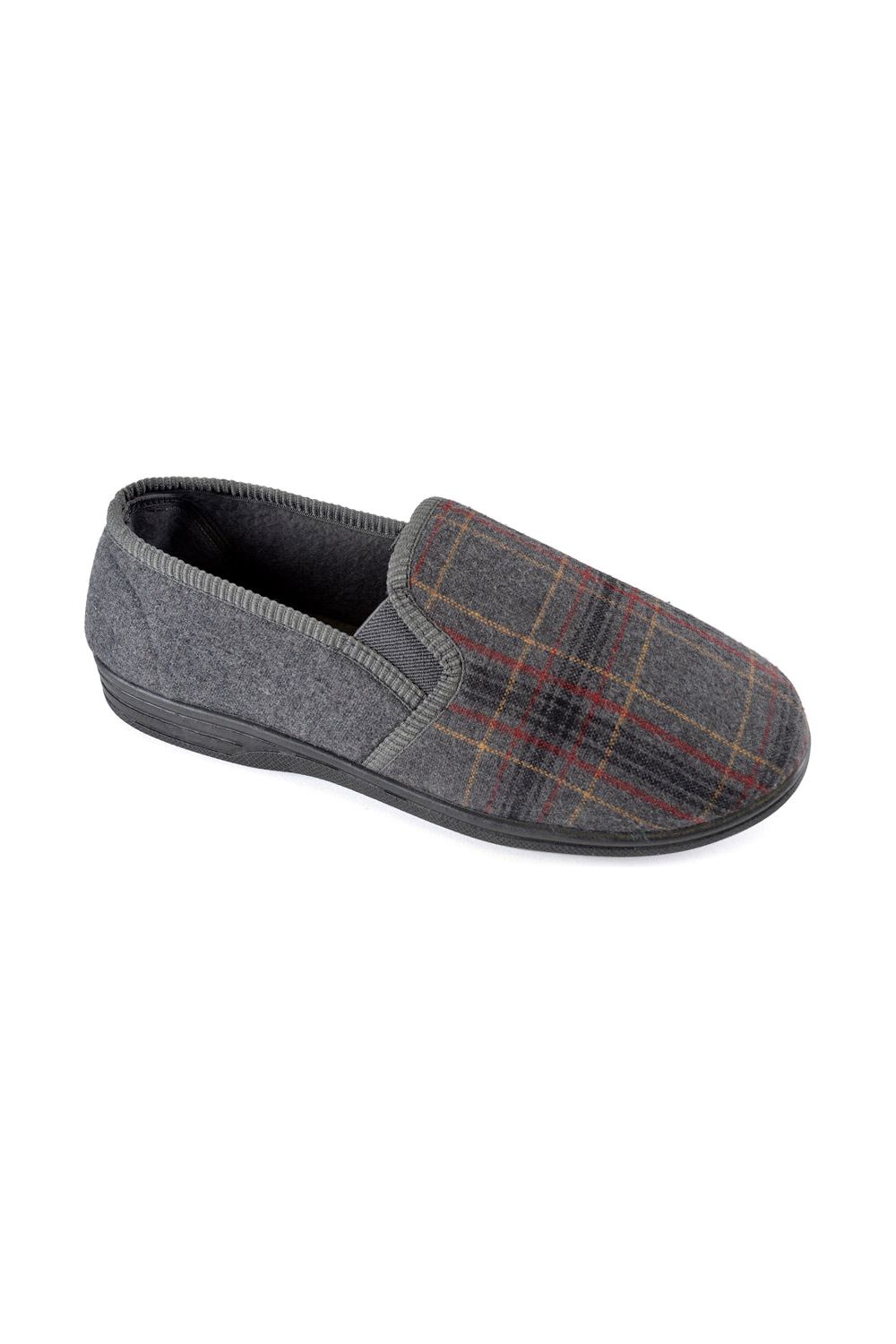 Men's Grey Slip On Check Slippers With Elasticated Gussets