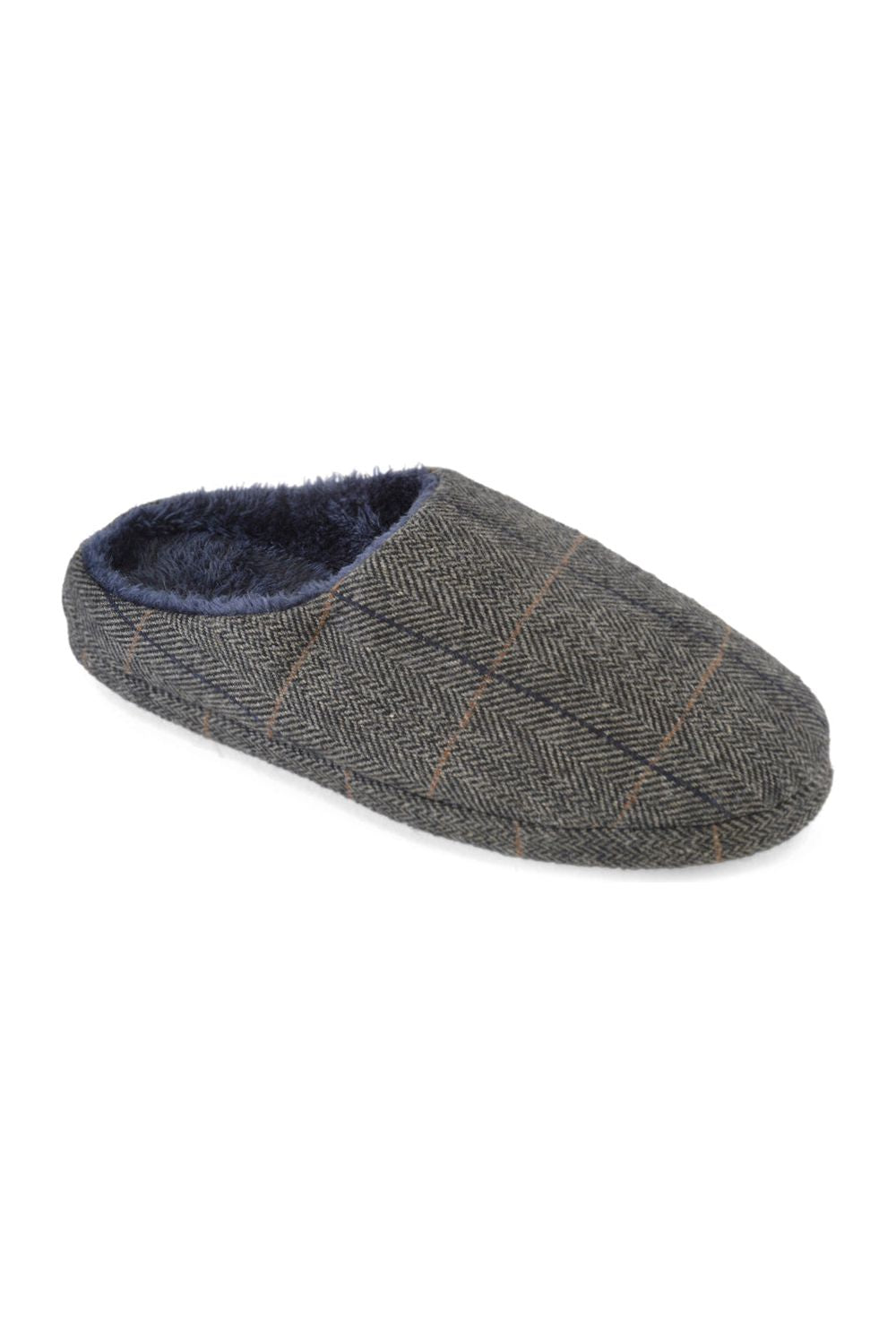 Mens Slip On Grey And Navy Check Slippers