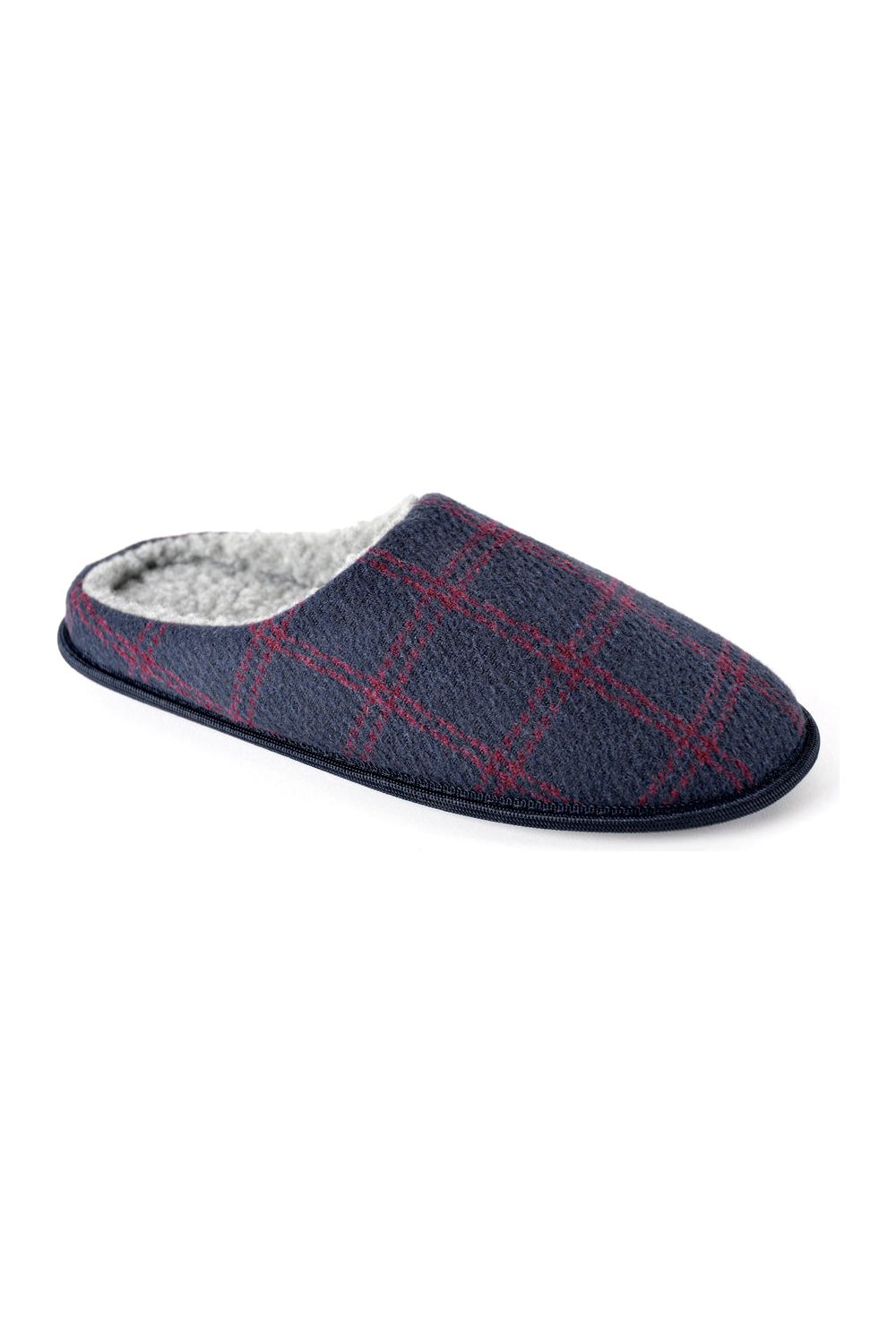 Men's Navy And Red Checked Fleece Lined Slide On Mule Slippers