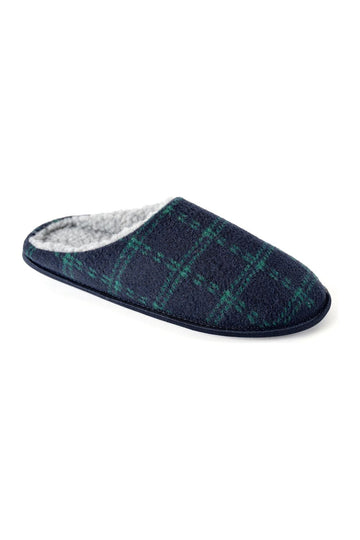 Men's Navy And Green Checked Fleece Lined Slip On Mule Slippers