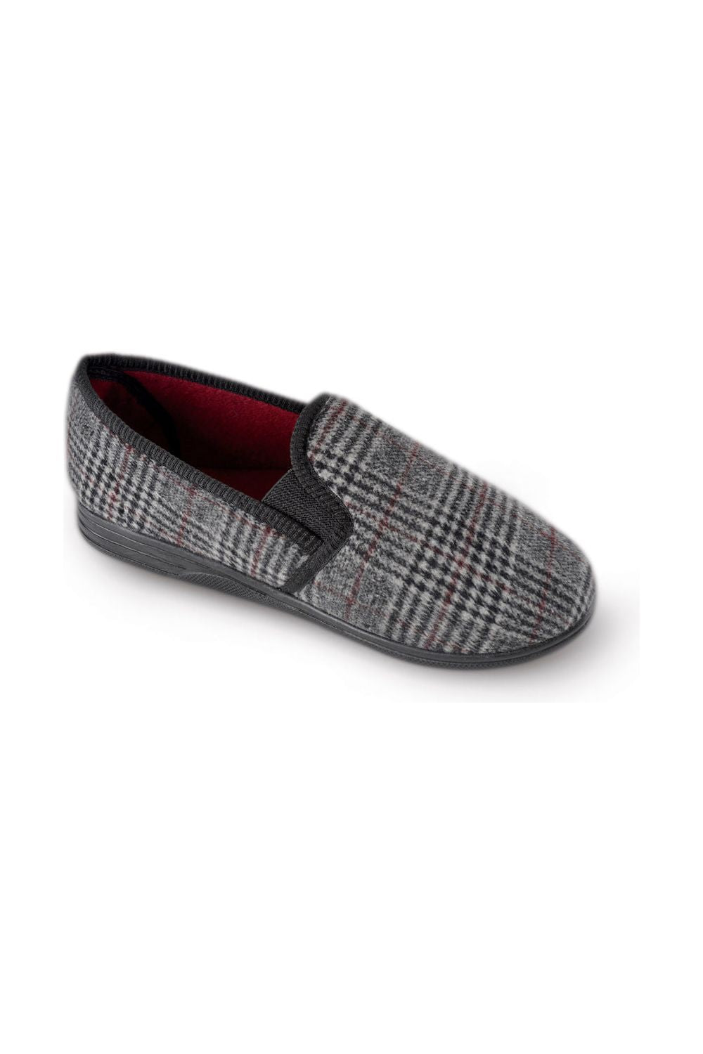 Men's Slip On Grey And Red Check Slippers With Elasticated Gussets