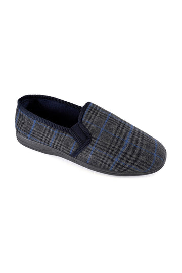 Men's Slip On Grey And Navy Check Slippers With Elasticated Gussets
