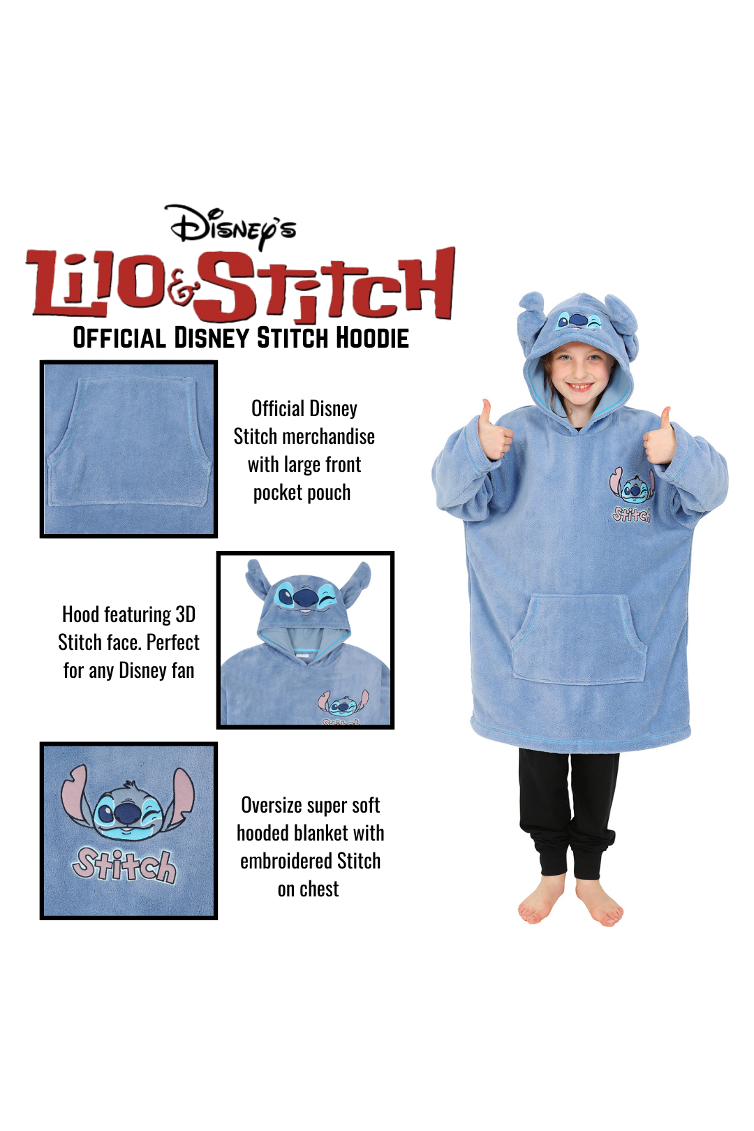 Girls Disney Lilo And Stitch Oversized Hoodie Blanket One Size Hooded