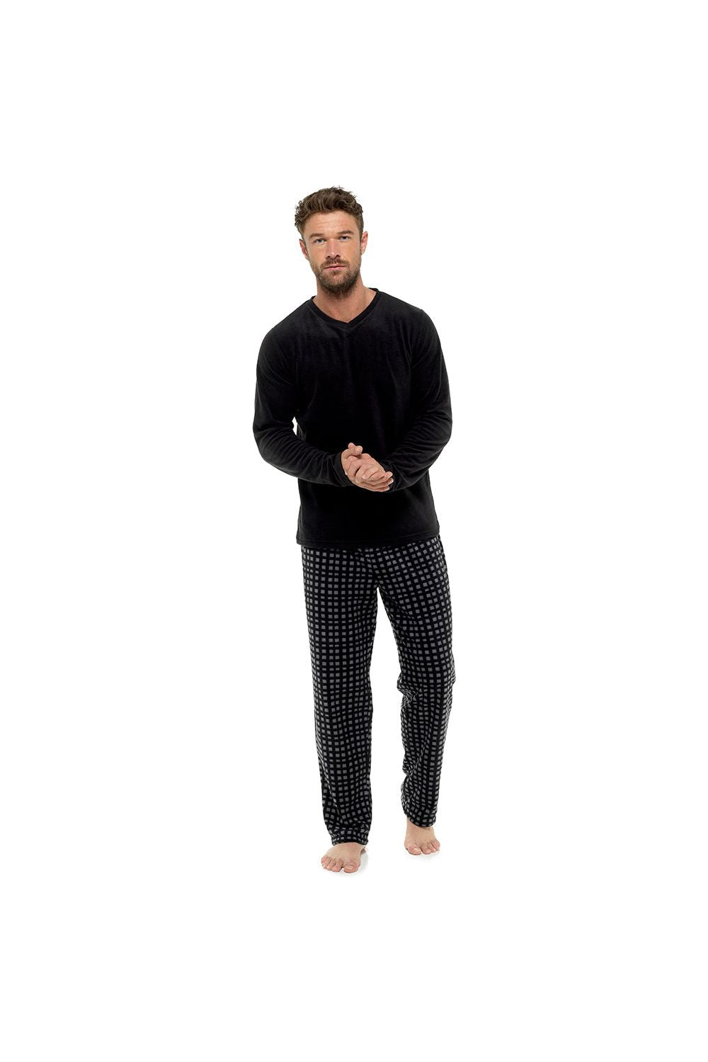 Men's Black Fleece Top and Checked Bottoms Pyjama Set