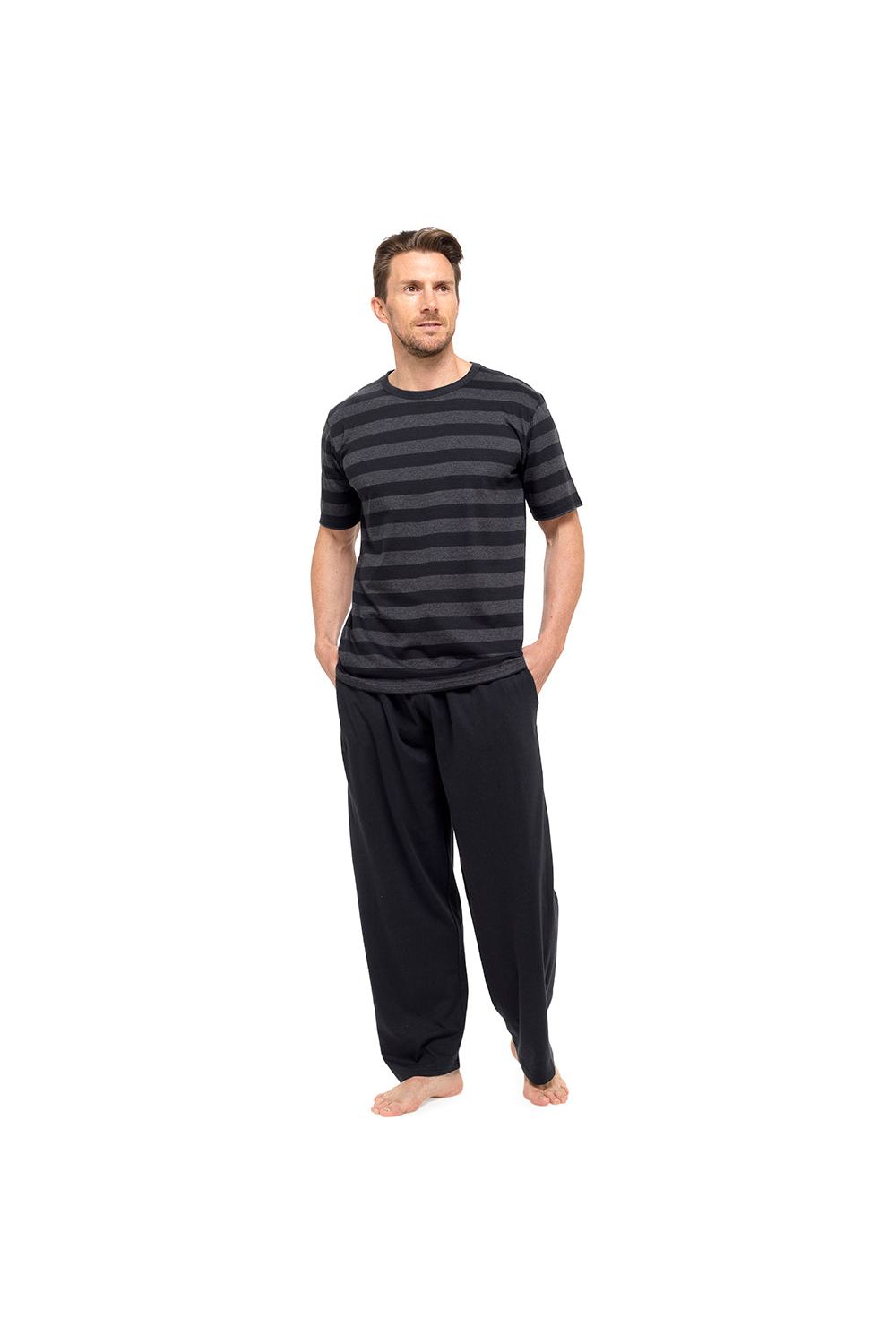 Tom Franks Mens Pyjama Set Short Sleeve Grey Striped Top - Pyjamas.com