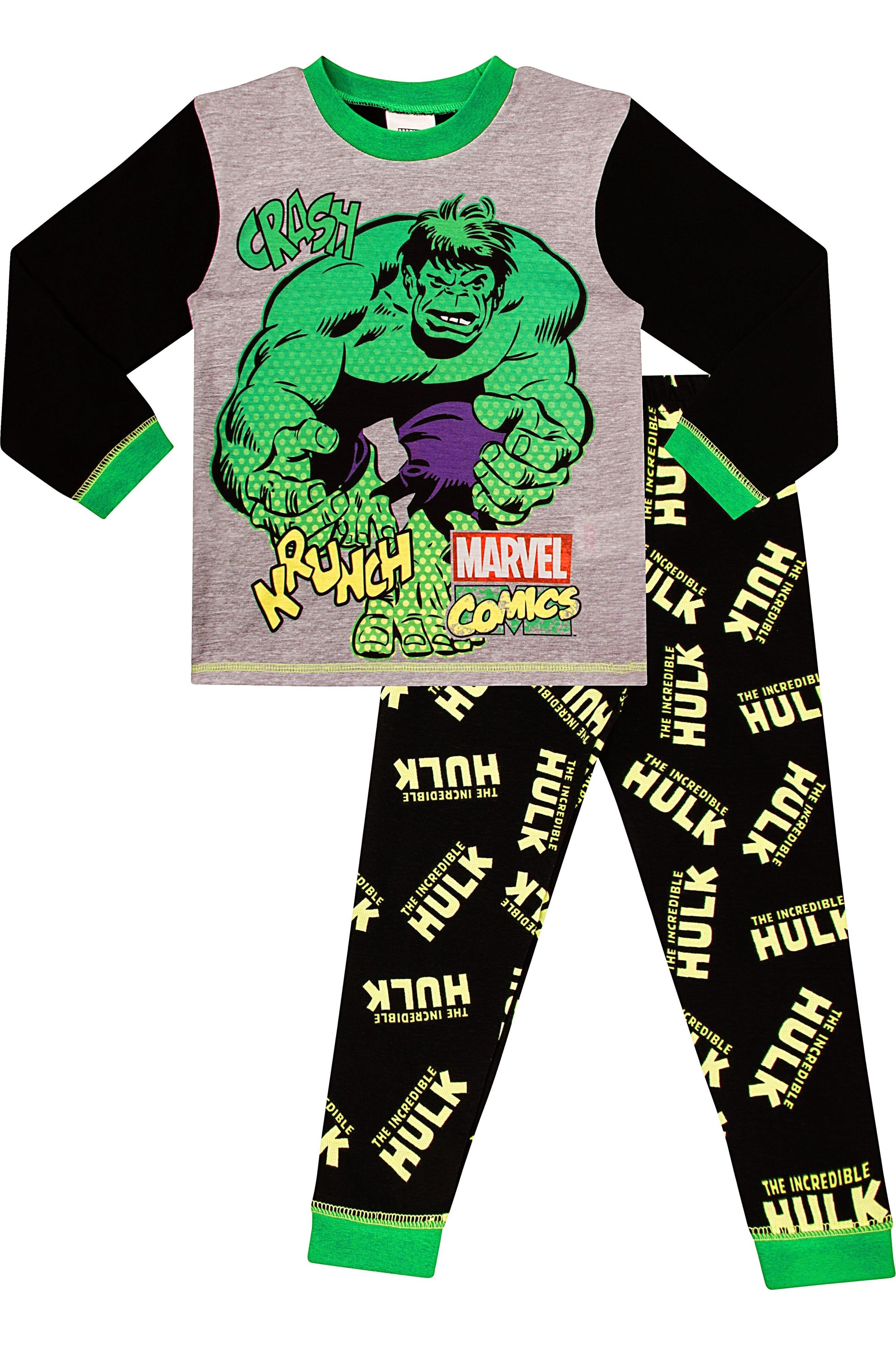 Boys Official Marvel Hulk Krunch Green Grey Long Pyjamas - Pyjamas.com