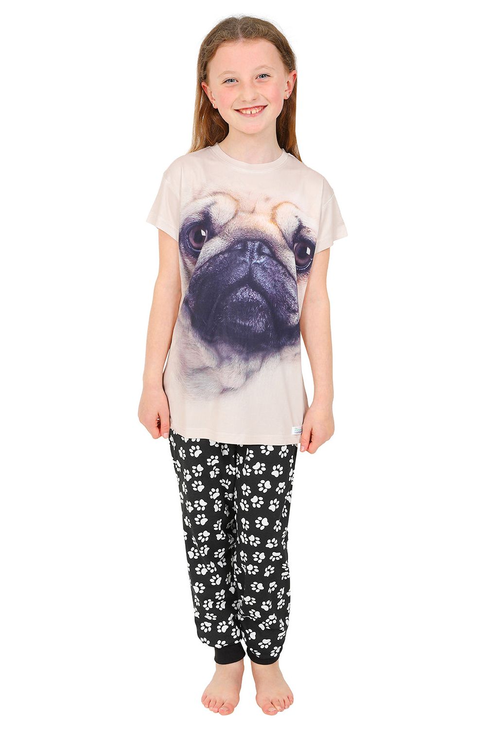 Girls 3D Pug Paw Print Long Pyjamas