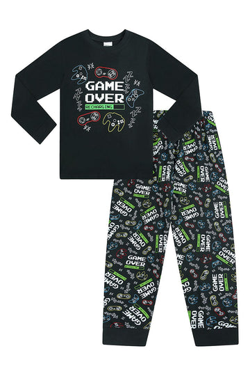 Game Over Recharging Gaming Black Cotton Long Pyjamas - Pyjamas.com