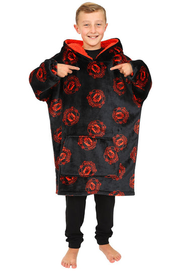 Manchester United FC Boys Hoodie, Hooded Lounge Gown Fleece Blanket, One size Black Red