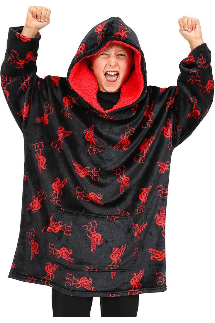 Liverpool FC Boys Hoodie, Hooded Lounge Gown Fleece Blanket, One size Black Red