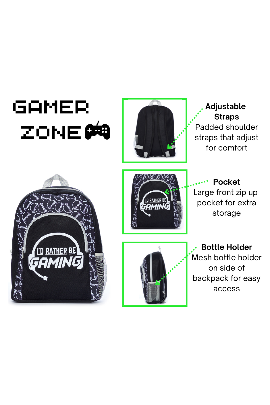Zaino Da Gioco 'I'd Rather Be' Per Giocatori – Colore Nero, Con Spalline Imbottite, Tasca Frontale E Schienale Morbido, Per Scuola E Viaggi