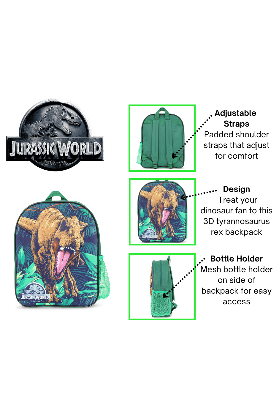 Jurassic World T-Rex Kinder-Rucksack Im 3D-Stil – Ca. 37 Cm Hoch, Mit Gepolsterten Trägern, Für Schule & Freizeit