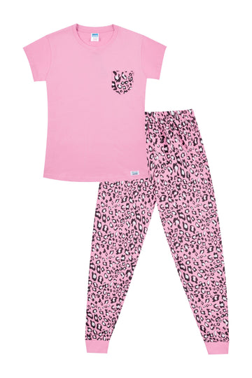 Women's and Girls Matching Pink Animal Print Pocket Long Pyjamas