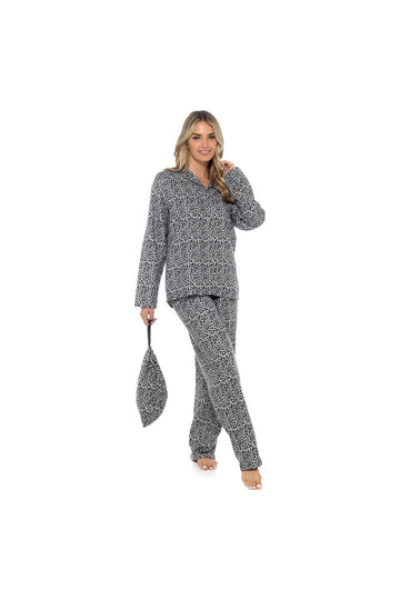 Women's Grey Leopard Print Buttoned Long Pyjama Set With PJ Bag