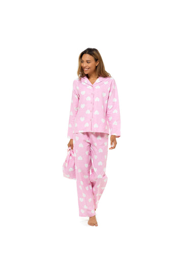Women's Pink Heart Print Buttoned Long Pyjama set With PJ Bag