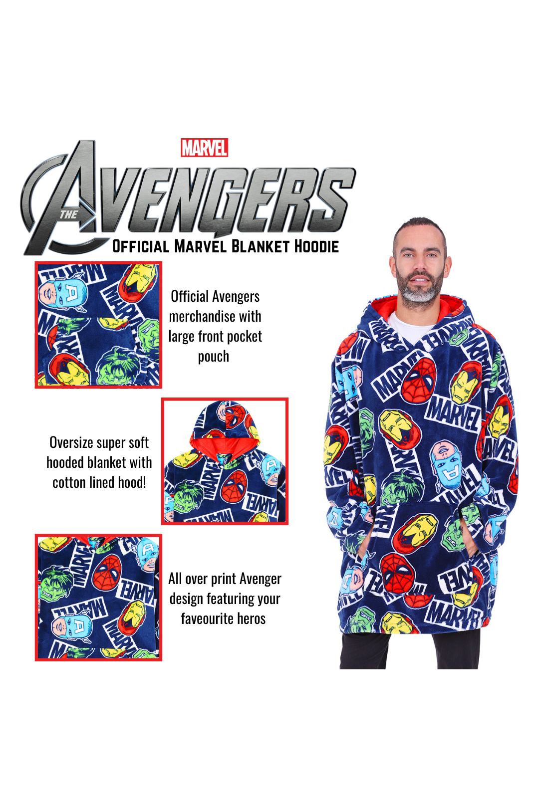 Mens Marvel Avengers Hoodie Oversized Fleece Blanket One Size Hoodie