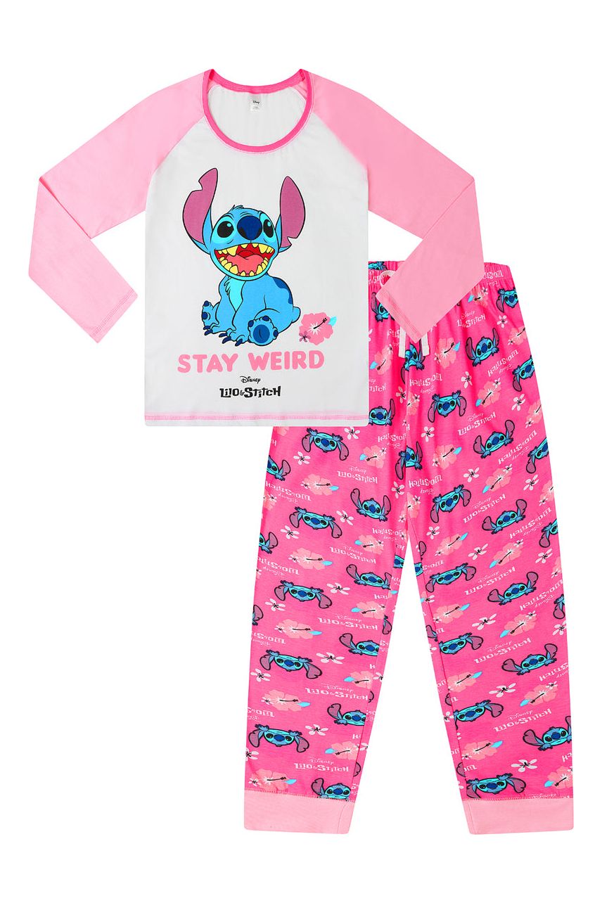 Disney Lilo and Stitch Stay Weird Pink White Long Ladies Pyjamas Pjs - Pyjamas.com