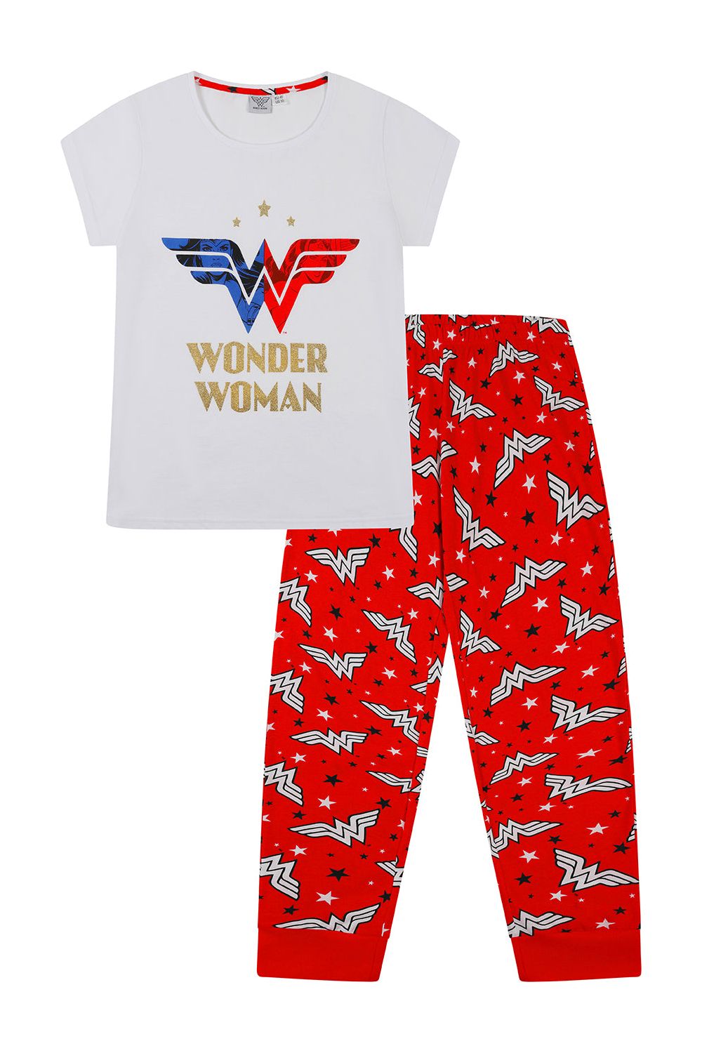 DC Comics Girls' Wonder Woman Gold Foil Logo Shirt and Shorts Loungewear 2 Piece Pajama Set (7/8 DC Comics Girls' Wonder Woman Gold Foil Logo Shirt and Shorts Loungewear 2 Piece Pajama Set (7/8