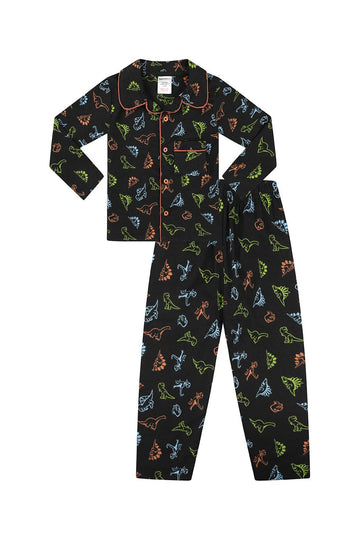 Boys Dinosaur Wincey Button Up Long Pyjama Set