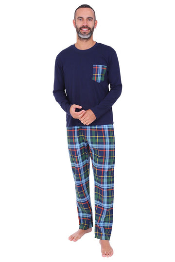 Mens Plain Blue Green Pocket Top Checked Bottoms Cotton Long Pyjama Set