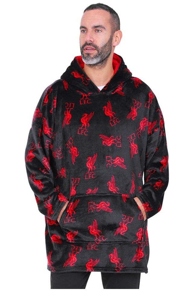 Liverpool FC Mens Hoodie, Hooded Lounge Gown Fleece Blanket, One size Black Red