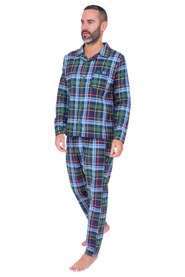Men's And Boys Matching Brushed Cotton Green And Blue Checked Long Pyjamas