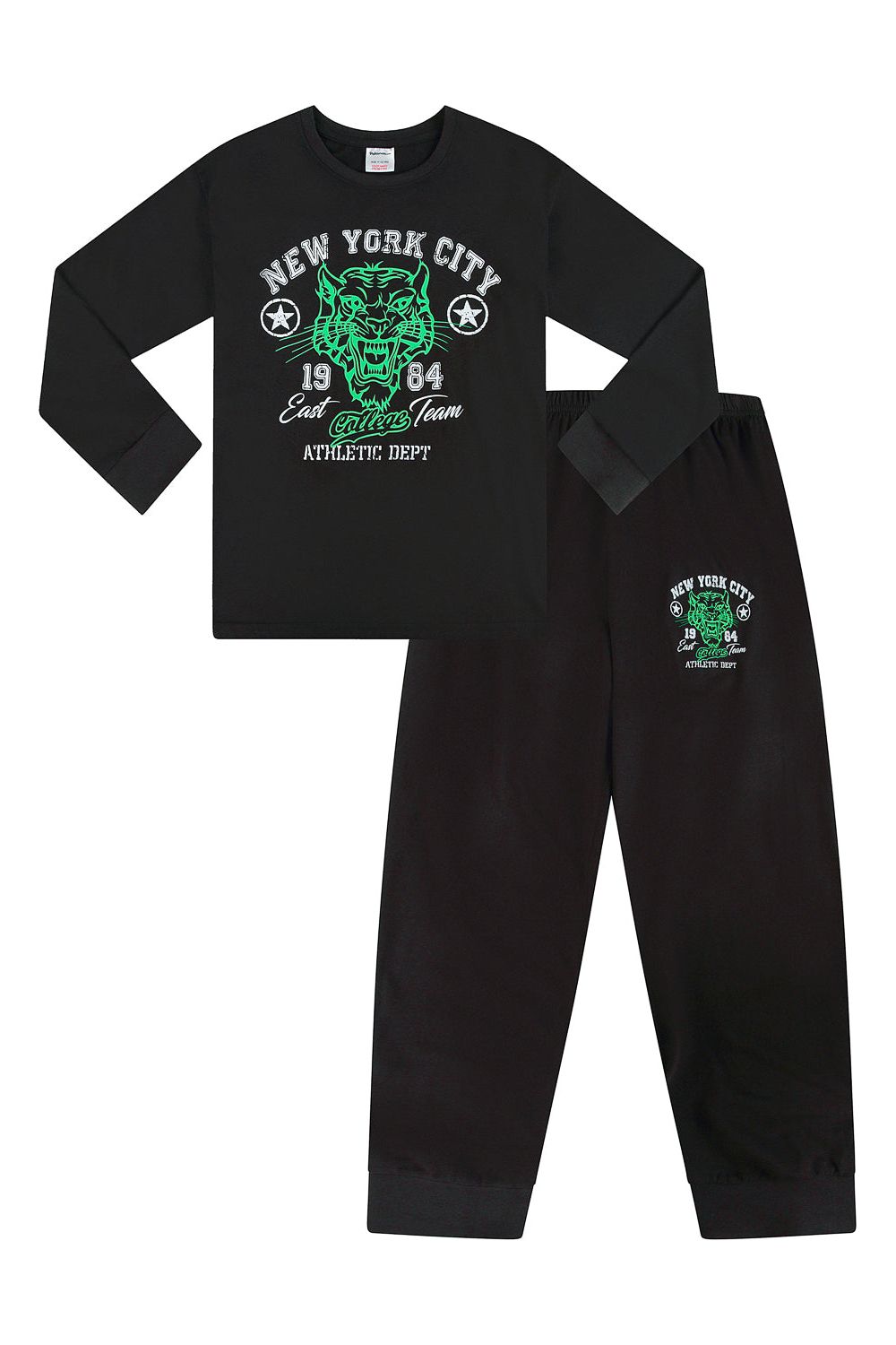 Pyjamas College Boys New York City Tiger College Pyjamas Black and Green Long PJs