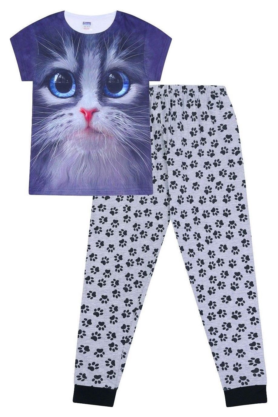 Girls Cat Paw Print Long Pyjamas - Pyjamas.com